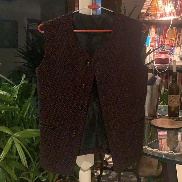 Dark navy blue with pink print sleeveless jacket. Wool. Fits S-M. Never worn. - Picture 3 of 12